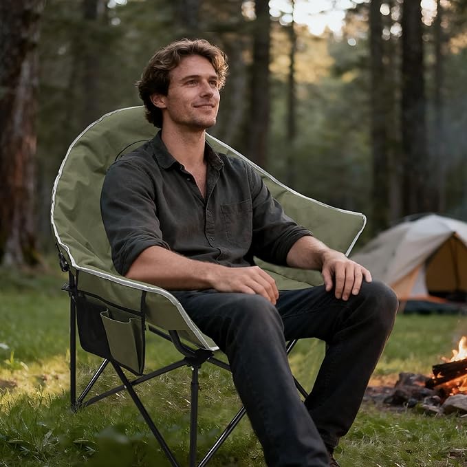 Oversized Camping Chair Portable Folding Moon Chair with Side Pocket Heavy Duty Outdoor Chair for Camping 400lbs Support (Green)