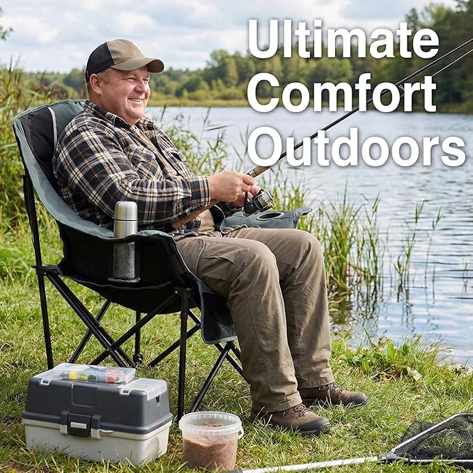 Oversized Camping Chair for Adults - Heavy Duty 400 lbs Padded Folding Chair with Wine Glass Holder 2 Cup Holders &amp Side Pockets Portable Carry Bag for RV Tailgating Lawn