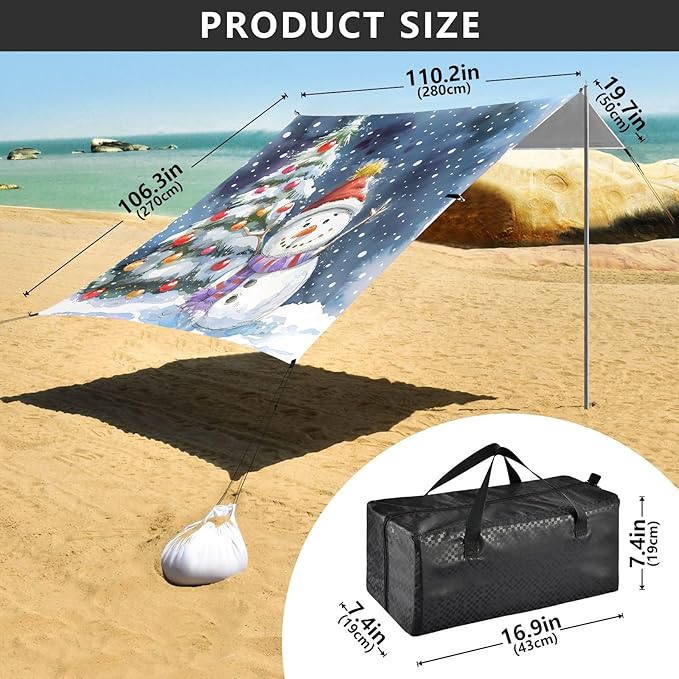 ALAZA Snowman Christmas Tree Beach Tent Sun Shelter UPF50+ Protection Beach Shade Canopy w/ 4 Sandbags for Outdoor Camping Fishing Backyard Fun Picnic 10x9 ft