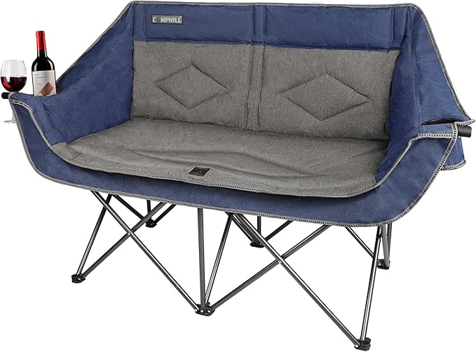 Oversized Double Camping Chair-Heavy Duty 2 Person Folding Loveseat Camp Couch for AdultsPortable Outdoor Lawn Chairs with Padded Seat for FishingSports and PatioSupports 500 LBSBlue