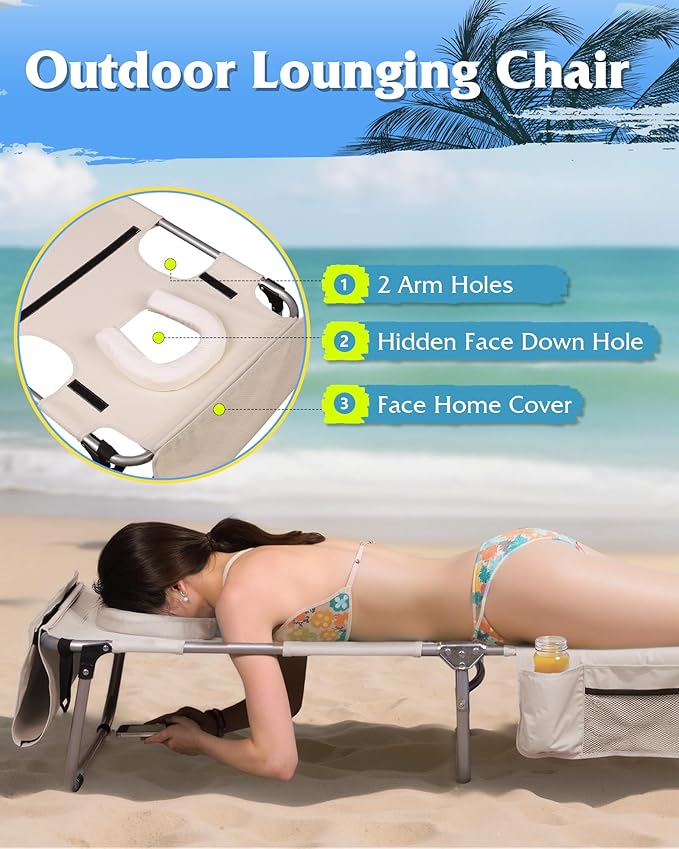 WLIVE Outdoor Tanning Chair 5-Position Folding Beach Chair with Face Hole for Adults Portable Patio Lounge Chair for Beach PoolCamping Beige