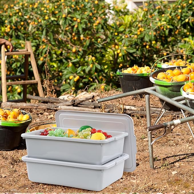 3 Packs 15 L Plastic Bus Tubs with Lids Commercial Bus Box Gray