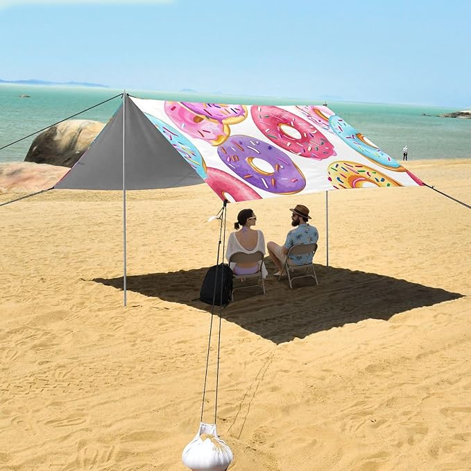 Colorful Donut Beach Tent Sun Shelter 9.2' x 10.5' Beach Canopy with 4 Sandbags 4 Stability Poles Sand Shovels - Tent Canopy for Beach Camping Fishing Picnics