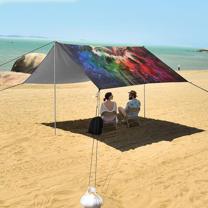 ALAZA Owl Portrait Rainbow Color Beach Tent Sun Shelter UPF50+ Protection Beach Shade Canopy w/ 4 Sandbags for Outdoor Camping Fishing Backyard Fun Picnic 10x9 ft