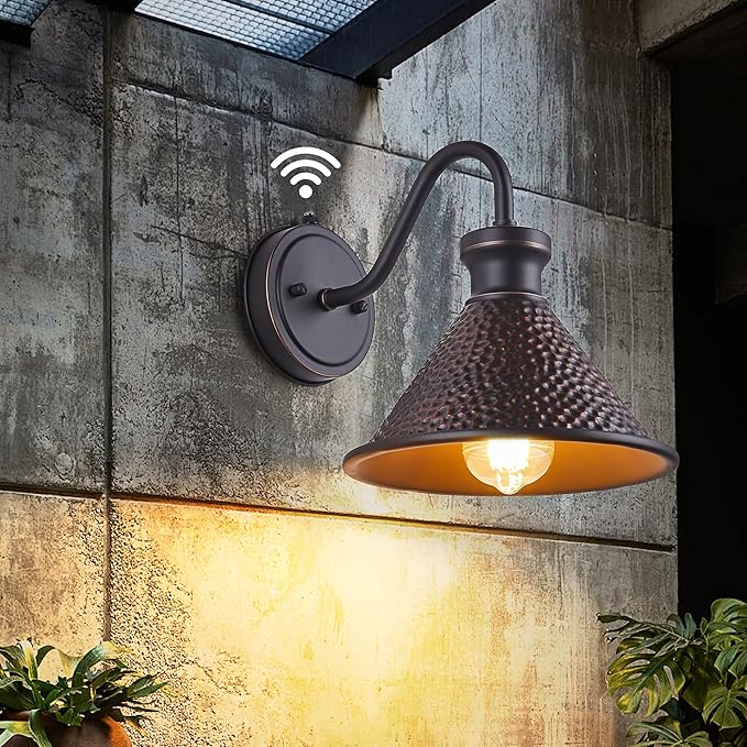 Dusk to Dawn Outdoor Gooseneck Wall Sconce with Dark Sky Cast Hammered Aluminum Shade in Oil Rubbed Bronze FinishAnti-Rust Waterproof Outdoor Light for Farmhouse Porch Garage1-Light E26