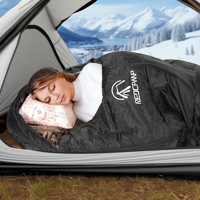 REDCAMP Flannel Sleeping Bag for Adults Comfortable Cotton Sleeping Bags for Camping with Detachable Hood Red/Grey/Blue/Black