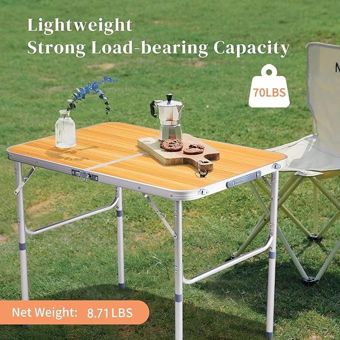BIVVI 3FT Small Folding Camping Table Portable Lightweight Fold Up Utility Side Tables with Carrying Handle Outdoor Aluminum Fold in Half Dining Card Table for Picnic Party Events (Wood Grain Color)