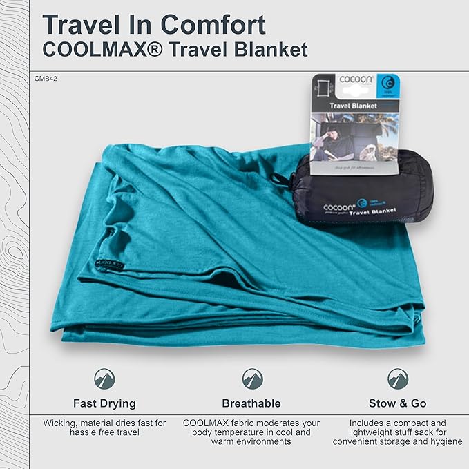 cocoon - Coolmax Travel Blanket | Compact Throw Blanket for Camping and Hiking | Fits in Backpack | Attaches to Luggage | Travel Essential | Fast Drying (Regular 70 x 55)