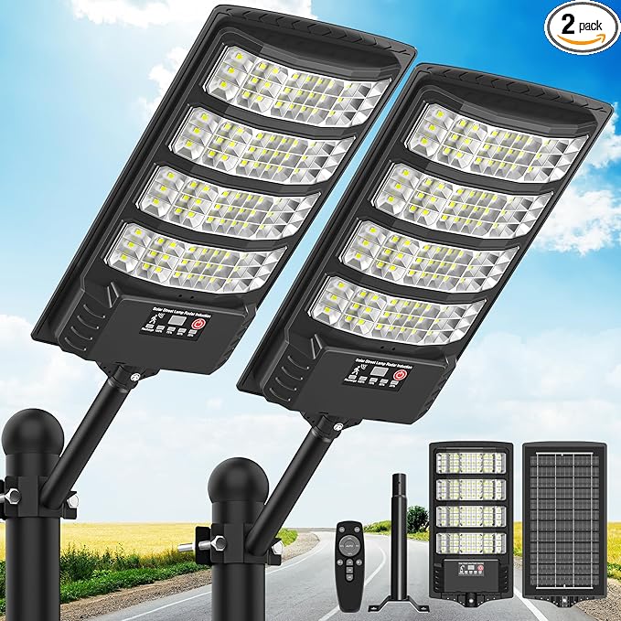 Solar Lights Outdoor Waterproof–6500K LED Street Lights with Motion Sensor &amp Remote Dusk to Dawn Flood Lights Wide Angle Illumination Solar Parking Lot Lights for Yard Patio Garage (2 Pack)