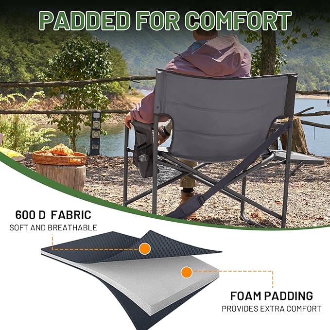 TIMBER RIDGE XXL Foldable Directors Chair with Side Table Extra Wide Camping Chairs for Adults Heavy Duty Supports 500 lbs Oversized Folding Lawn Chair for Picnic Beach Sports Fishing Grey-2 Pack