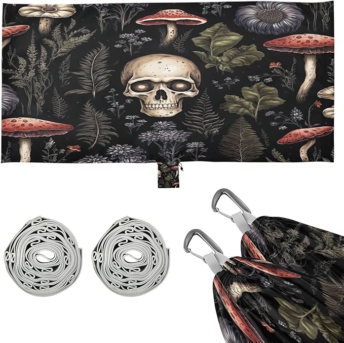 Skull and Mushroom Camping Hammock 330 lbs with 2 Tree Straps Carry Bag Single Portable Hammock for Outdoor/Indoor Hiking Beach Backpacking Travel