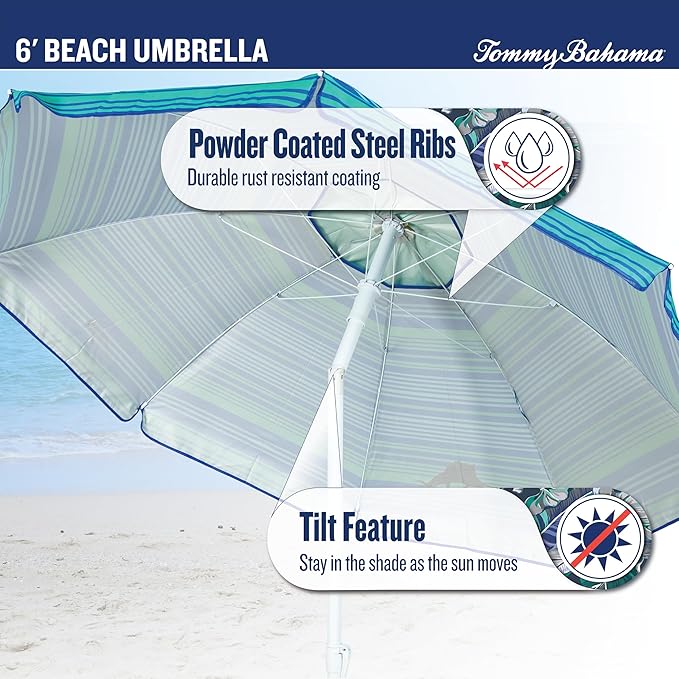 Tommy Bahama 6' UPF 50+ Tilt Beach Umbrella with Integrated Sand Anchor Wind Vent and Carry Bag
