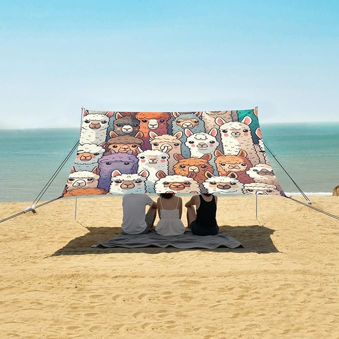 Alpaca Llama Face Portrait Family Camping Sun Shelter Beach Tent Portable Beach Sun Shade Outdoor Canopy for Camping Trips Fishing Picnic
