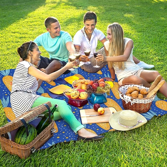 Waterproof Sandproof Beach Blanket 59''×68'' Star Carrots Polyester Outdoor Picnic Blanket with 4 Stakes &amp Storage Bag for BeachCampingVacation Blue