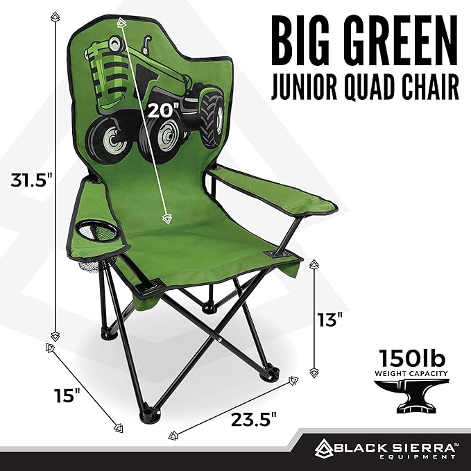 Black Sierra Folding-Lawn Chair for Camping Beach Backyard Sporting Events. for Kids Ages 3-10. Comes with Cup Holder and Carry Bag. Portable-Chair for Travel Supports 150 Lbs. (Big Green)