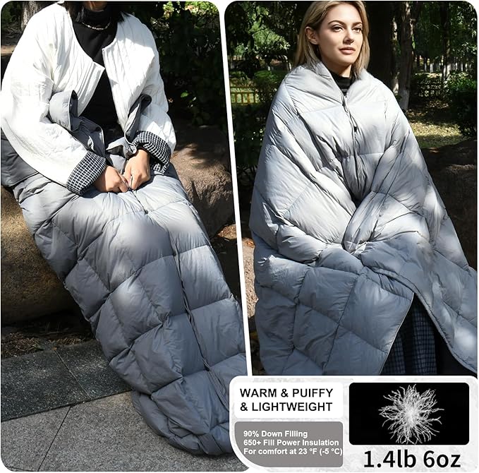 Down Camping Blanket - Lightweight Packable Warm &amp Puffy Outdoor Travel Quilt for Sleep Hiking Backpacking Stadium Festivals Water-Resistant Sleeping Bag 55x79