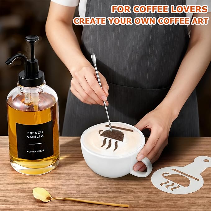 Coffee Syrup Dispenser for Bar Glass Syrup Bottle with Pump Coffee Pump Dispenser Bottle with Tray Spoon for Station Black16.9 oz 500 ml