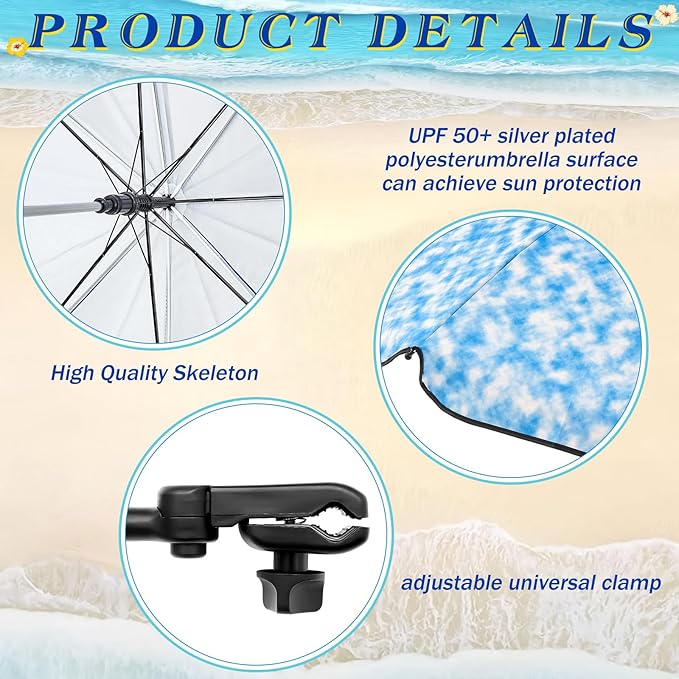 Buryeah 2 Pcs Automatic Chair Umbrella with Universal Clamp 44 UPF 50+ Portable Clamp on Beach Chair Adjustable Wheelchair Umbrella for Outdoor Patio Parasol
