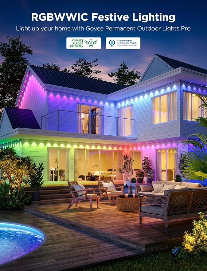 Govee Permanent Outdoor Lights Pro 100ft with 60 RGBIC LED Lights for Daily and Accent Lighting 75 Scene Modes for Outdoor Decor IP67 Waterproof Works with Alexa Google Assistant Matter White