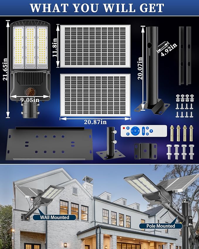 Gefolly Solar Street Lights Outdoor Commercial Parking Lot Light Dusk to Dawn IP67 Waterproof 6500K Security Flood Lights Lamp for Yard Road Basketball Courts (SL-11000W 800000LM)