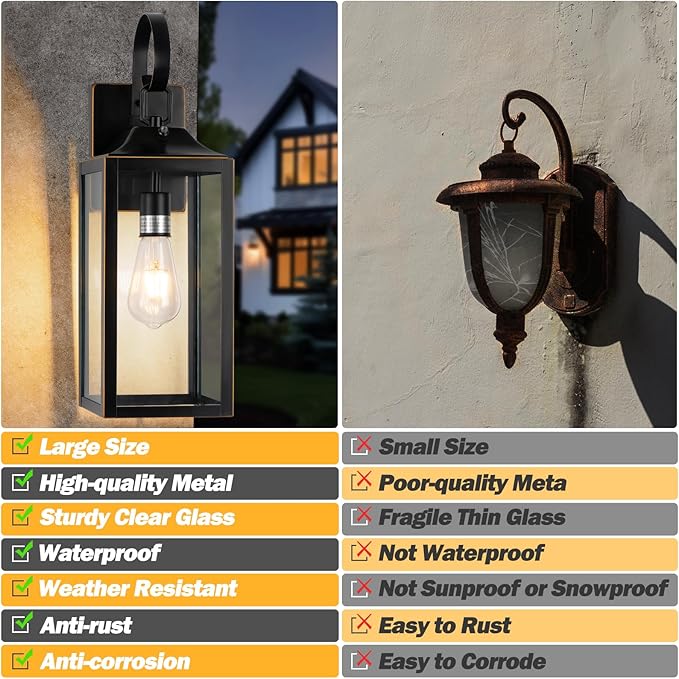 19 Dusk to Dawn Outdoor Lighting 2 Pack Large Dusk to Dawn Outdoor Wall Lights Black Sensor Porch Lights Outdoor Exterior Lighting Fixtures Wall Mount for House Garage -with Gold Trim