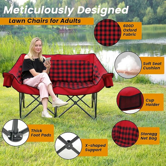 Heated Double Camping Chair with 2 Battery Padded Camping Couch with 3 Heat Levels and 4 Heating Zones Oversized Camp Loveseat Support 800lbs for Soccer Games Tailgating RV Travel Beach Days