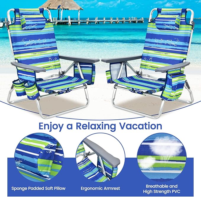 Tangkula Set of 2 Backpack Beach Chair 5-Position Lay Flat Beach Chairs with Cooler Bag 2 Cup Holders Towel Bar Lightweight Folding Beach Chair with Backpack Straps