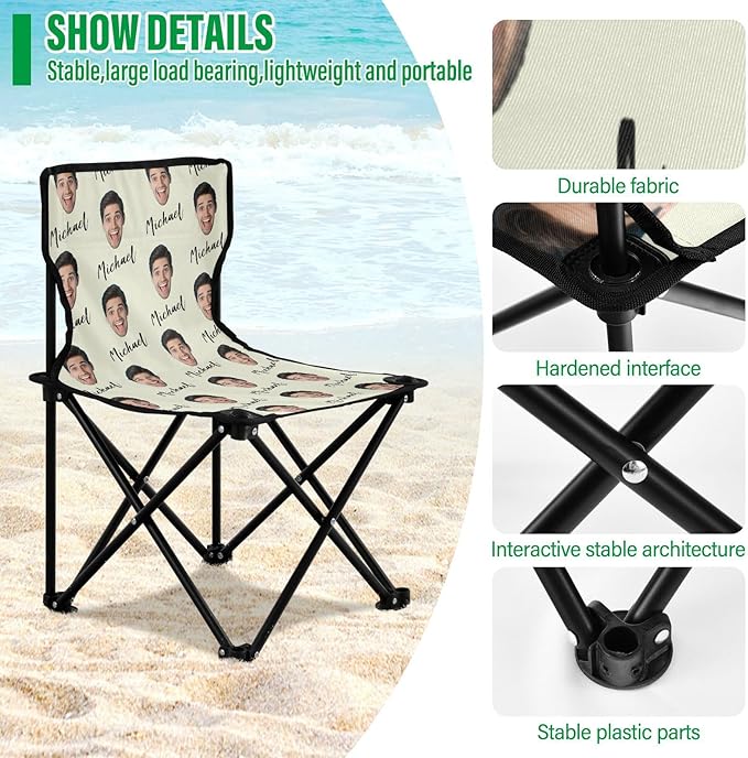 Sinestour Beige Custom Photo Folding Camping Chair for Teen Child Personalized Name 14.6×14.6in Portable Outdoor Chair with Carry Bag for Barbeques Picnic Travel