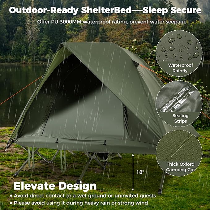 GYMAX 2-Person Tent Cot 3 in 1 Folding Off-Ground Cot Bed Combo with Portable Wheeled Bag Waterproof Rainfly 2 Mesh Doors &amp Skylight Roof for Hiking Backpacking Outdoor