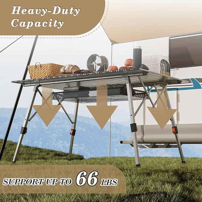 Athena Collection Foldable Camping Table 47 Aluminum Outdoor Folding Camp Table with Mesh Layer Telescopic Legs and Carry Bag Lightweight and Portable for Outdoor Camping Picnic Grilling Silver