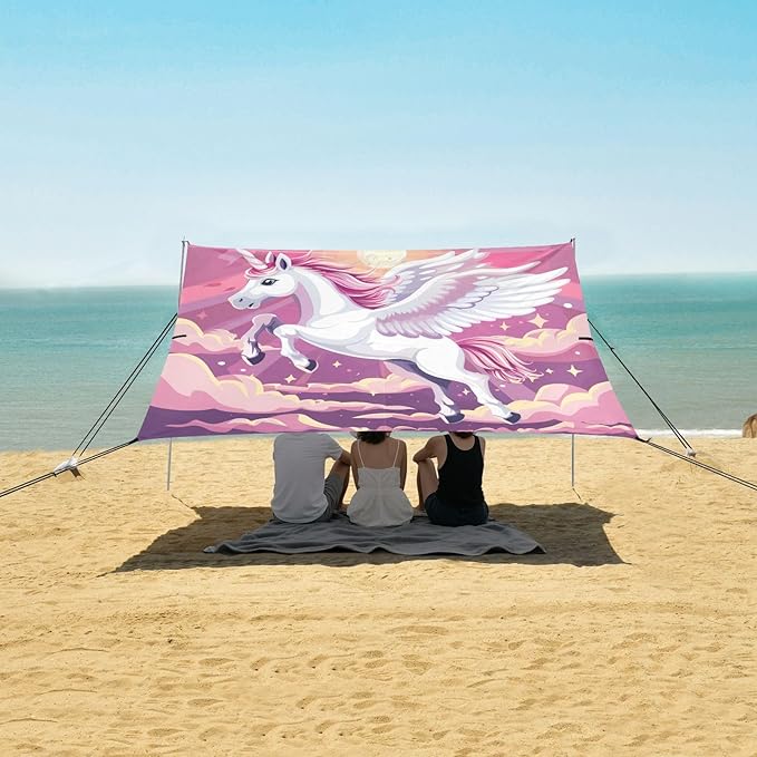 ALAZA Soaring Unicorn Beach Tent Sun Shelter UPF50+ Protection Beach Shade Canopy w/ 4 Sandbags for Outdoor Camping Fishing Backyard Fun Picnic 10x9 ft