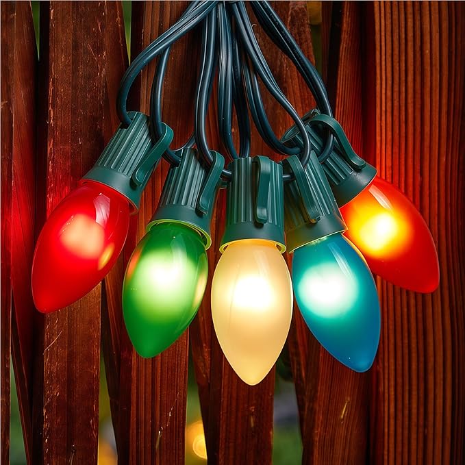 Minetom Ceramic Multicolor Christmas Lights C9 25 Feet Vintage Incandescent Lights with Opaque Bulbs for Patio Fence Roofline Outdoor Indoor Holiday Decorations 25 Bulbs with 2 Spare