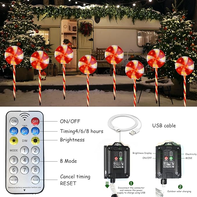 Candy Christmas Decorations Pathway Outdoor Solar Lights 29 inches 80 LED Lighted Lollipop Solar Christmas Lights with 8 Modes Waterproof String Lights Outdoor Lights for Yard Patio Walkway-4PCS
