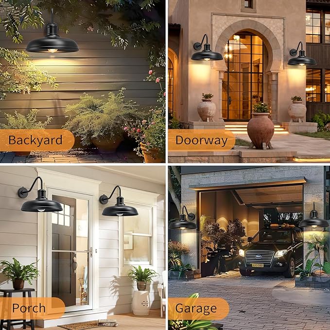 16 Inch Dome Dusk to Dawn Gooseneck Barn Light Outdoor Large Farmhouse Exterior Light Fixture Wall Mount Industrial Outdoor Wall Sconce Outside Lantern for House Porch Garage Entryway Black