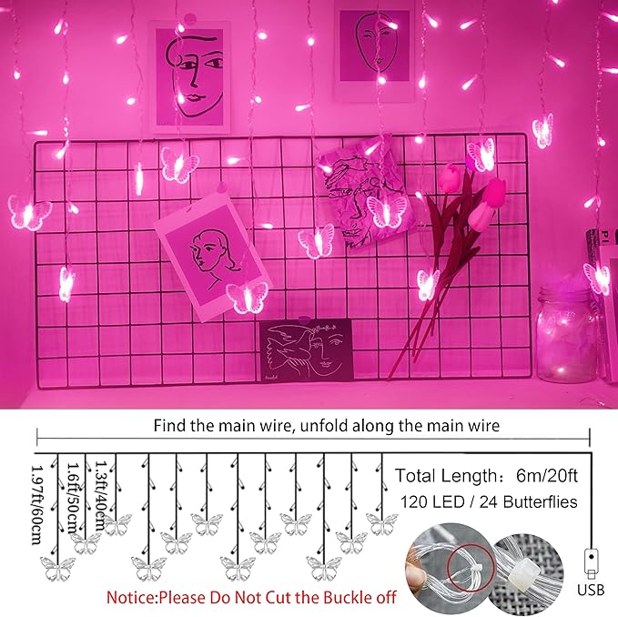 Butterfly Curtain Fairy Lights USB Plug in120 LED 8 Modes 20FT Firefly Twinkle Icicle String Lights with Remote Timer Waterproof Copper Wire for Bedroom Patio Christmas Wedding Party Dorm(Pink)