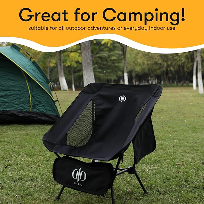 D-LO Ultralight Camping Chair - Black - Upgraded Dual Pocket - High Strength 600D Oxford Fabric - 7075 Aluminum Alloy - Great for Camping Hiking Lounging