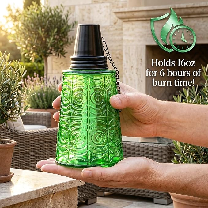 Seraphic Citronella Table Top Torches for Outdoor Patio 16oz Decorative Glass Torch Citronella Candles for Outside Deck Garden Parties Set of 3 Green