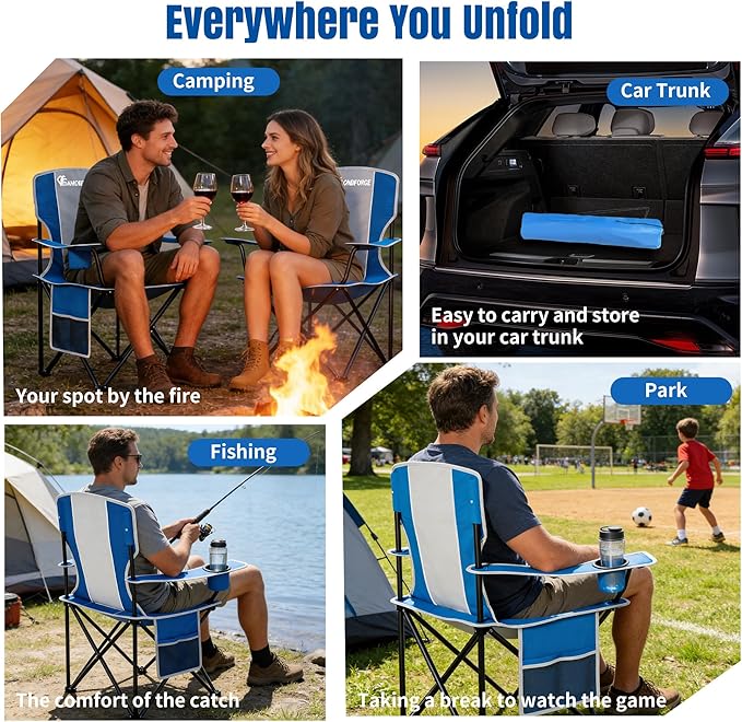 Oversized Folding Camping Chair 500lbs Bearing Capacity Portable Lawn Camping Chair for Adult Outdoor Camping Chair with Wider Cup Holder and Side Pocket for Hiking Fishing Sports