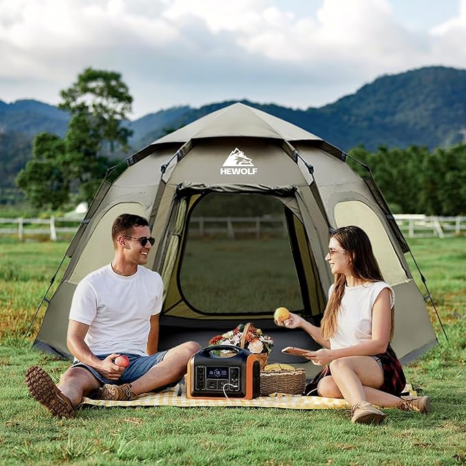 Hewolf 2/3/4 Person Camping Tent - Instant Pop Up Waterproof 2 Doors Tent with Easy Setup | 3-Season Hexagonal Dome Design for Family Hiking &amp Traveling