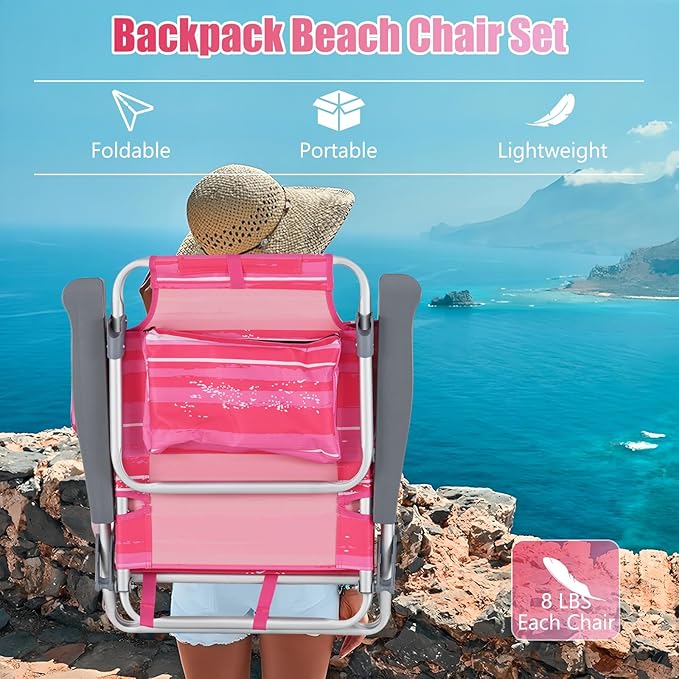 GYMAX Beach Chairs Backpack Camping Chair with Armrest Cooler Bag Cup Holder Towel Bar &amp Side Pockets Sunbath Sling Tanning Lounge Folding Layout Chair (Without Table Pink Stripe)