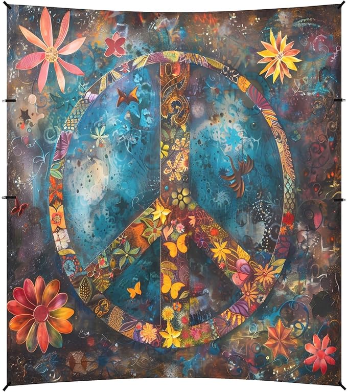 ALAZA Colorful Peace Sign Flower Beach Tent Sun Shelter UPF50+ Protection Beach Shade Canopy w/ 4 Sandbags for Outdoor Camping Fishing Backyard Fun Picnic 10x9 ft