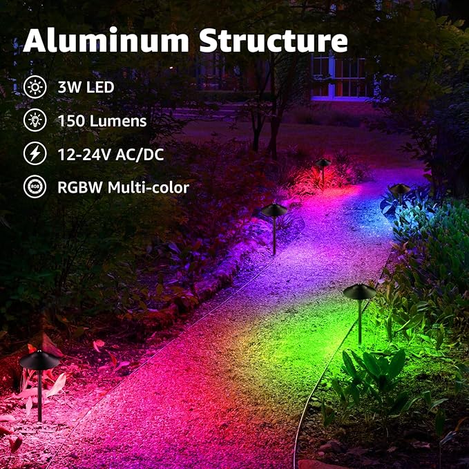 SUNVIE RGBW Low Voltage Pathway Lights 3W Color Changing Landscape Lights 12-24V Multi-Color Path Lights Waterproof for Yard Garden Walkway Holiday Landscape Path Lighting ETL Listed Cord 4 Pack