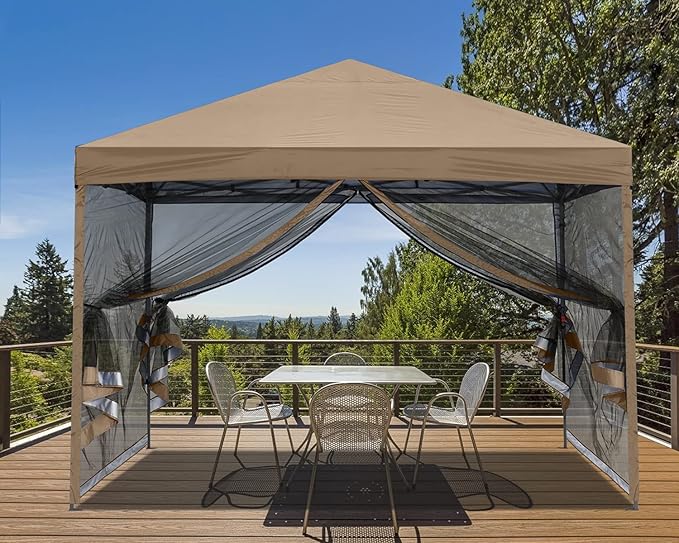 MASTERCANOPY Pop-Up Quick Setup Outdoor Canopy with Netting Screen Walls (10x10 Khaki)