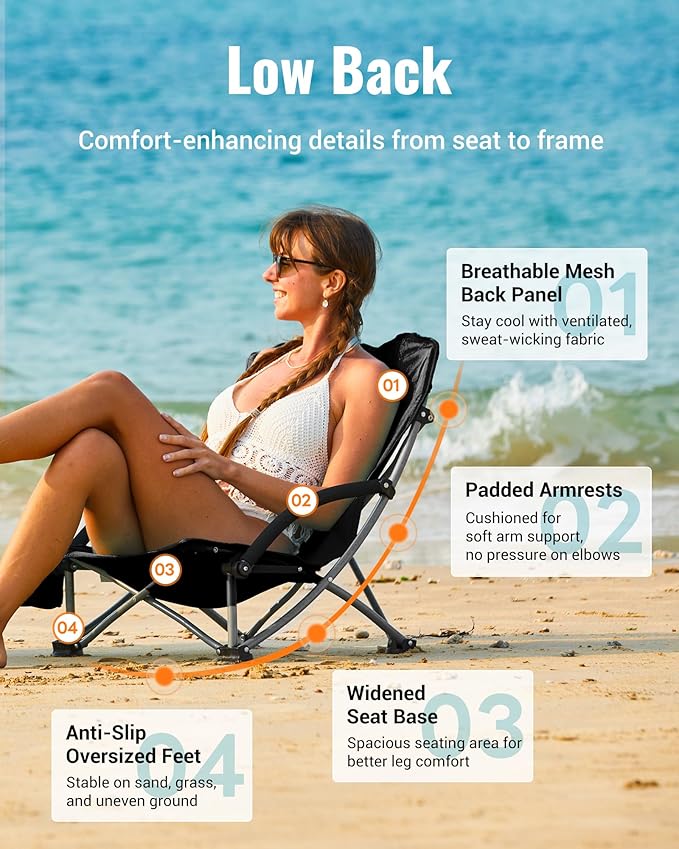 KingCamp Low Beach Chair High Back Folding Camping Chair for Adults Oversized Breathable Mesh Seat 300lbs Heavy Duty Portable Chair with Cup Holder &amp Storage Pockets for Beach Outdoor