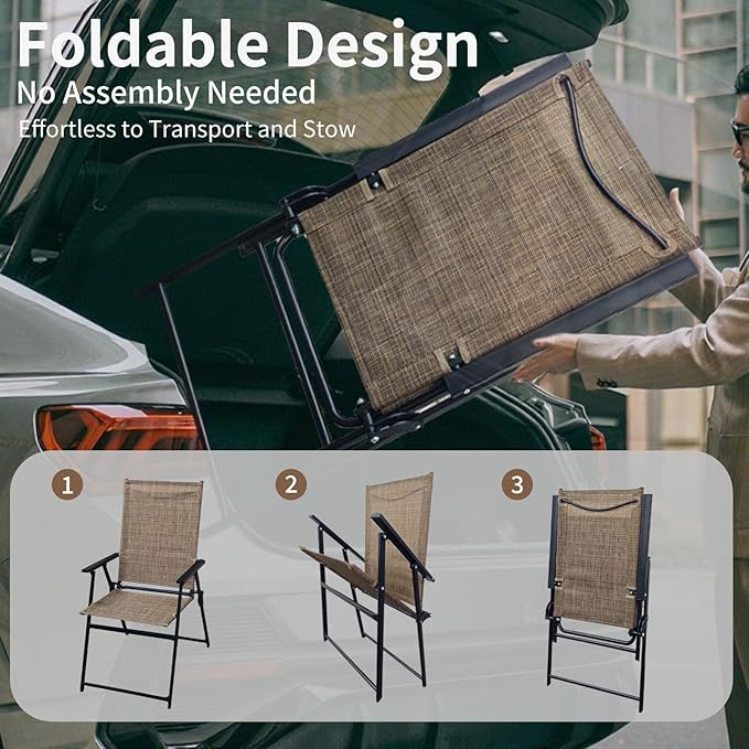 SHGJ&ampSOFT Set of 2 Folding Patio Chairs Outdoor Chair with Armrests for Lawn Garden Pool Beach Yard Lounge Metal Frame No Assembly Camping Chairs (Brown 2pc)