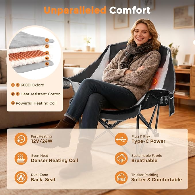 Suteck Heated Camping Chair with 20000mAh Battery Oversized Heated Chairs W/3 Heat Levels &amp 2 Heating Zones Portable Heated Folding Chair Use for Outdoor Sports Camping Lawn