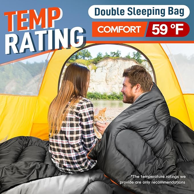 MEREZA Double Sleeping Bag for Adults Mens with Pillow XL Queen Size Two Person Sleeping Bag for All Season Camping Hiking Backpacking 2 Person Sleeping Bags for Cold Weather &amp Warm