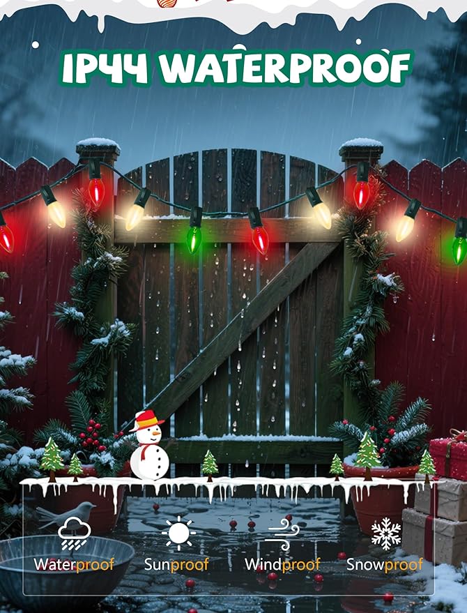 C7 LED Red White and Green Christmas Lights 26Ft Vintage Outdoor Christmas String Lights with 27 LED Colored Bulbs Connectable Hanging Xmas Decorations Lights for Roofline House Garden Patio Party
