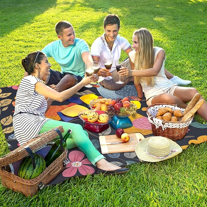 Waterproof Sandproof Beach Blanket 59''×68'' Spring Flowers &amp Birds Polyester Outdoor Picnic Blanket with 4 Stakes &amp Storage Bag for BeachCampingVacation