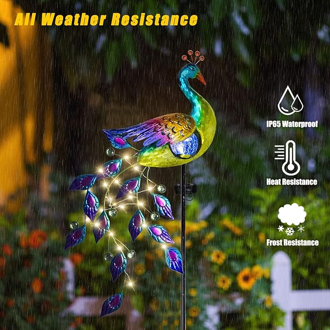 DREAMSOUL Solar Garden Lights Outdoor Metal Peacock Decor Solar Lights Garden Stakes with Led String Lights Waterproof Crackle Glass Ball Landscape Path Light for Lawn Patio